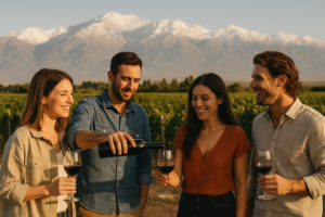 Degustación de vinos en viñedo de Mendoza con vista a la Cordillera